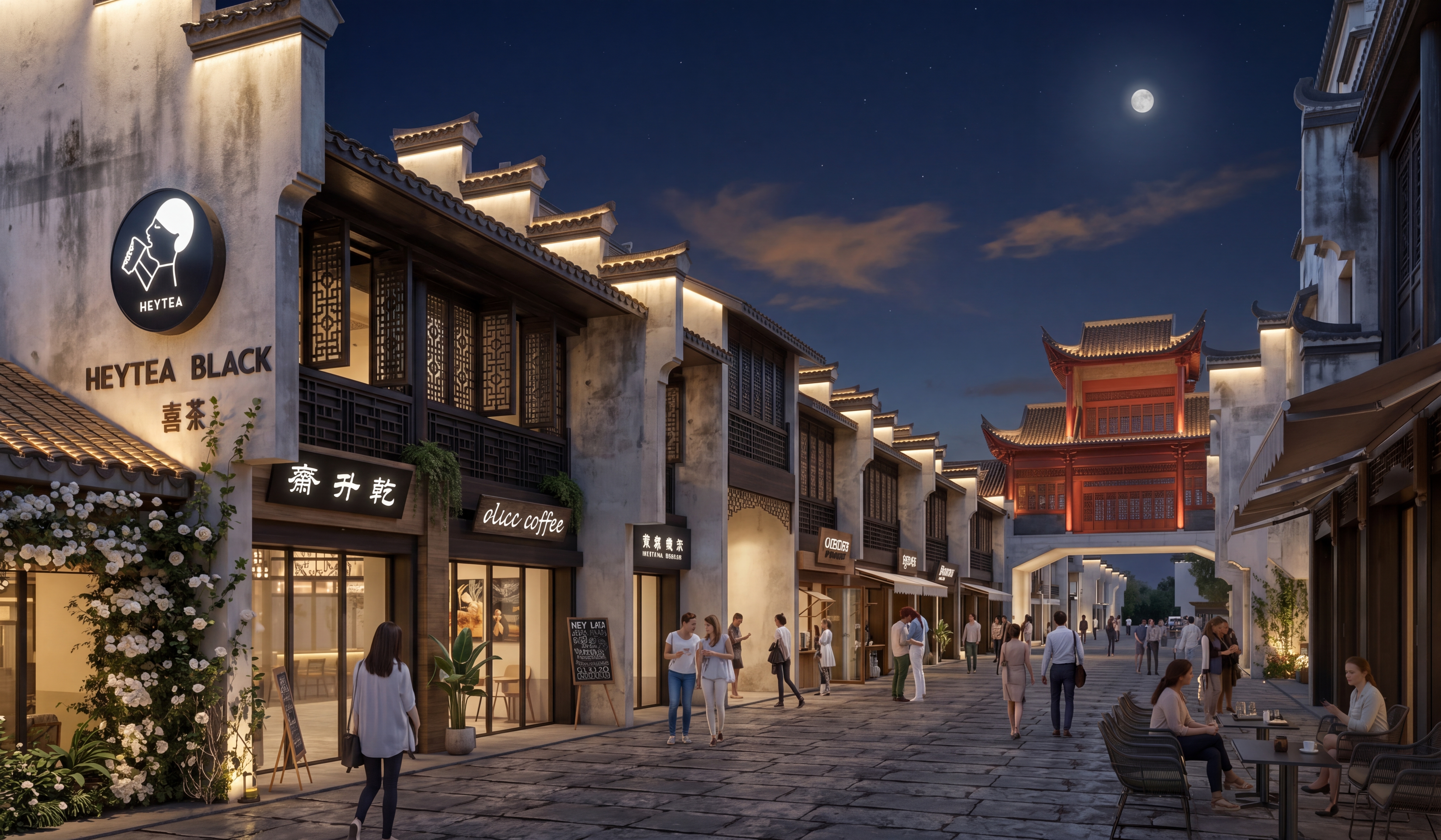 null — 你是文旅商用建筑照明设计师。将白天的景观转换为灯光夜景（保持场景不变）： 
- 植物照明：3000K暖光上照树冠，营造自然光影效果 
- 店铺照明：店铺内透暖色2700K色温的灯光，顶部广告牌发光。
- 标识照明：广告标识牌，高色温，亮度高。  
- 建筑山墙：下照洗墙灯照亮山墙檐口，4000K色温，暖白色。
- 建筑屋顶：在瓦面屋顶檐口安装瓦楞灯照屋顶，2700K色温的。
- 严禁建筑和屋顶勾勒轮廓的灯光。