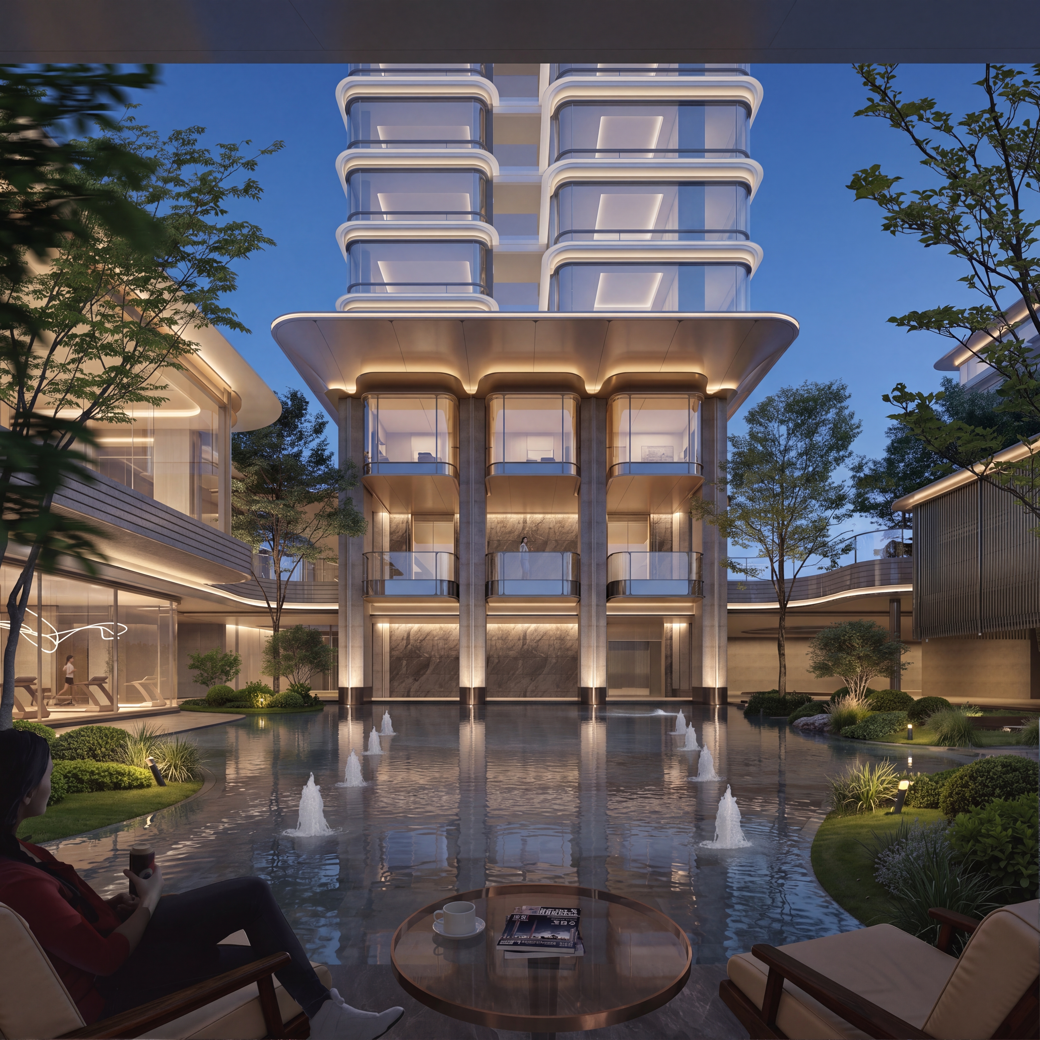 null — 你是住宅建筑照明设计师。将白天的景观转换为灯光夜景（保持场景不变）： 
 - 石材立柱：在水池安装窄光束地埋灯，往上照亮石材立柱，柔和均匀，暖色3000K色温。
 - 一层露台天花白色铝板：金属格栅安装洗墙灯，往上照亮白色铝板，暖色3000K色温。
 - 一层内部走廊：安装下照筒灯，均匀照亮石材墙面和地面，提供功能照明，暖色3000K色温。
 -二层露台天花铝板天花：安装洗墙灯向上照亮铝板，均匀柔和的灯光效果，暖色3000K色温。
 -三层金属挑檐铝板：安装洗墙灯向上照亮金属铝板，均匀柔和的灯光效果，暖色3000K色温。
 -三层白色挑檐铝板：安装洗墙灯向上照亮白色铝板，均匀柔和的灯光效果，暖色3000K色温。
 - 植物景观：窄光束小插泥灯上照树冠，暖色3000K色温。
 - 室内空间：暖色柔和低照度的内透光效果，均匀、舒适、自然。 
 - 画质要求：保持原图高清像素，8K画质，材质细节和纹理质感清晰。 
 - 天空蓝调时刻。 
 - 严禁出现过渡曝光及明显曝光点。