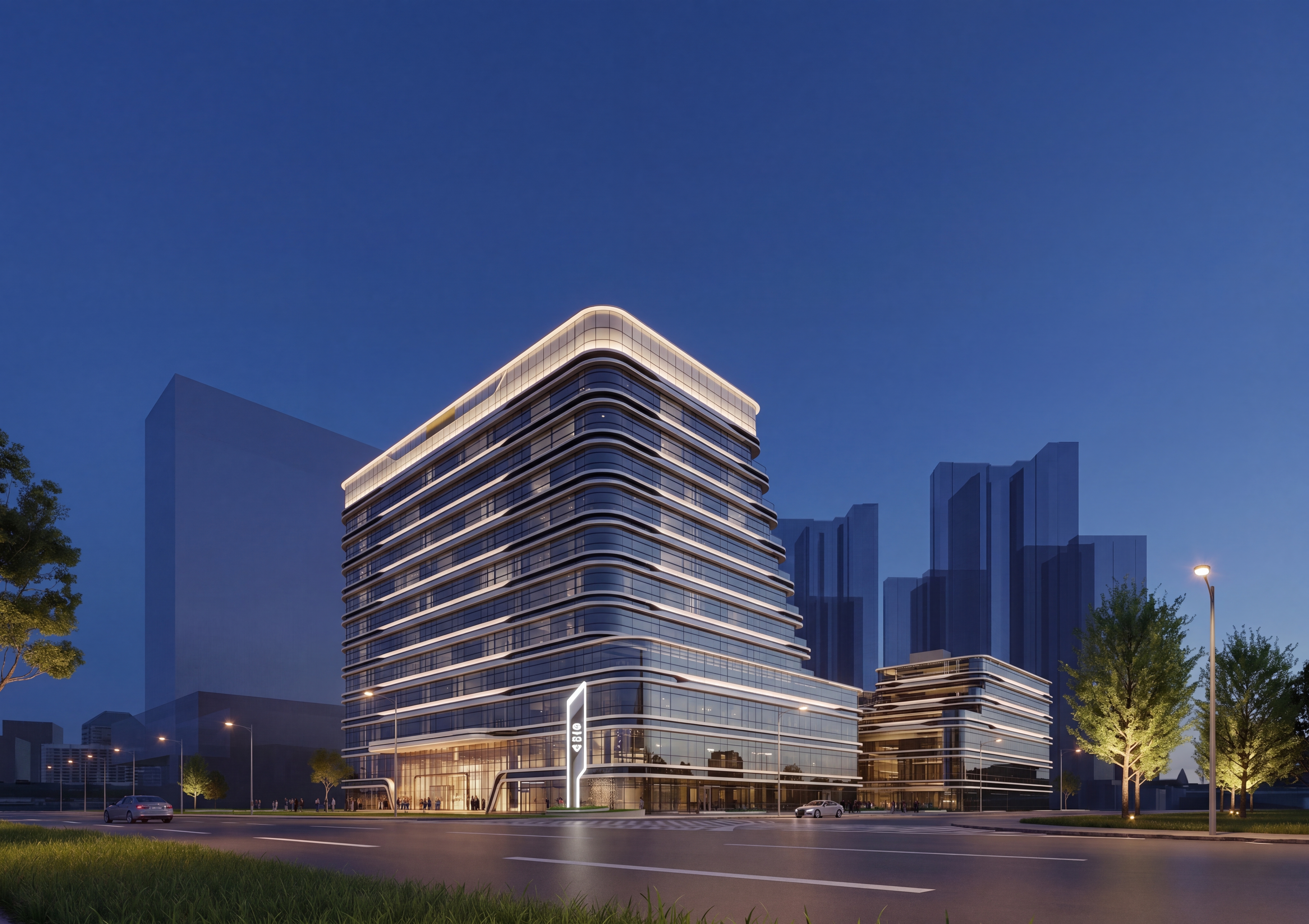 null — 你是办公建筑照明设计师。将白天的景观转换为灯光夜景（保持场景不变）：   - 建筑立面：建筑转角的层间版横向装饰线条凹槽区域安装上照洗墙灯，均匀照亮立面玻璃和顶部铝板，3500K色温，暖白色。  - 建筑入口：暖色光3000K色温，迎宾的暖色氛围。 - 建筑塔冠：塔冠的女儿墙，安装上照洗墙灯，3500K色温，暖白色。 - 植物照明：3000K暖光光地埋灯上照树冠，营造自然光影效果。 - 道路照明：路灯，暖白色3500K色温，均匀照亮道路。  - 标识照明：广告标识牌，高色温，亮度高。    - 严禁建筑和屋顶勾勒轮廓的灯光。