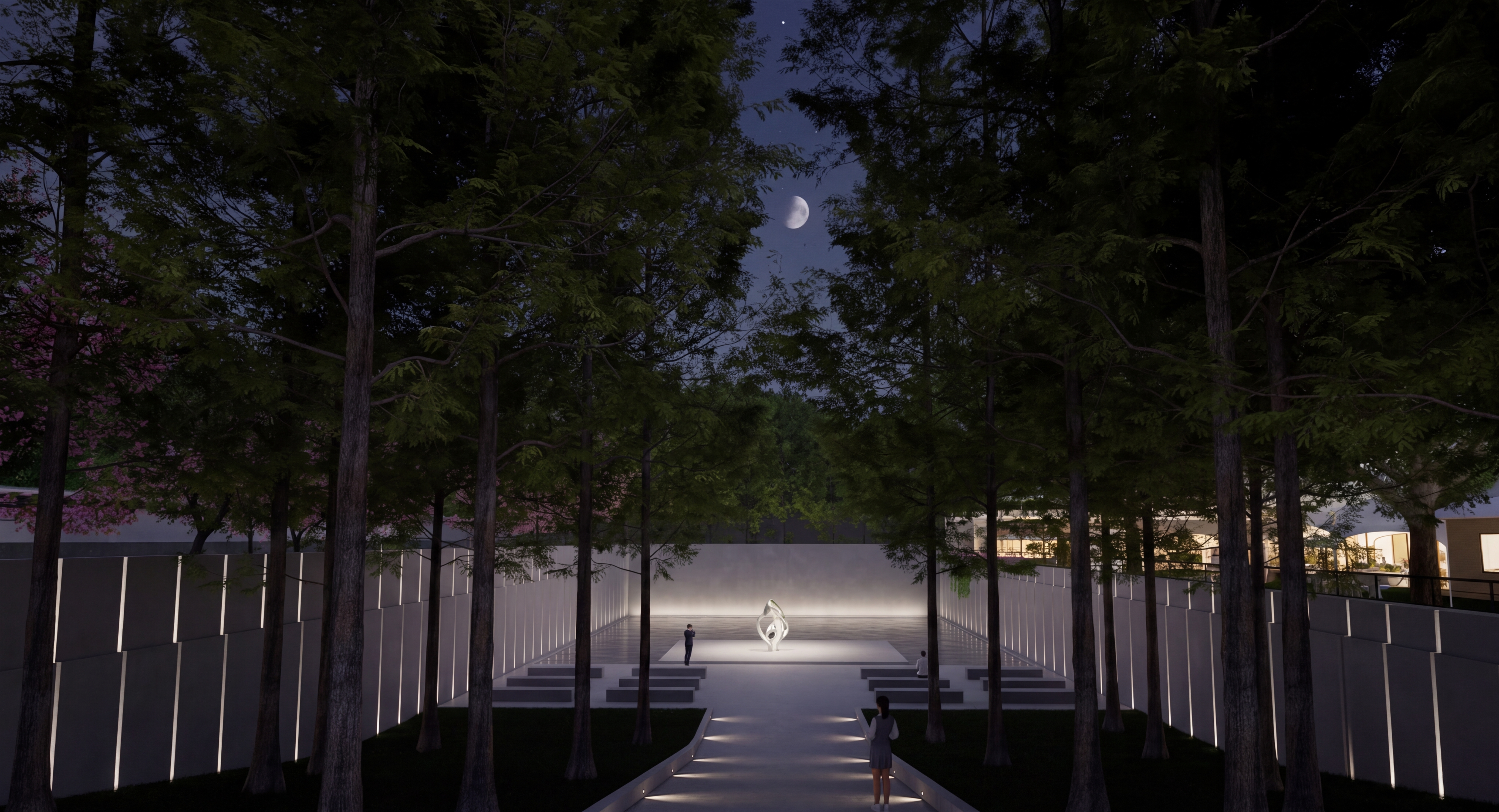 null — 你是景区公共建筑照明设计师。将白天的景观转换为灯光夜景（保持场景不变）： 
- 艺术雕塑：艺术雕塑采用地埋灯，采用4000K色温，均匀照亮雕塑。
- 建筑墙体：侧面墙体的纵向隔断缝隙，采用小功率窄光束地埋灯向上照亮缝隙，色温4000K。正面墙体地埋洗墙灯向上洗墙，均匀照亮墙体。
- 中间步道：路沿石侧面安装踢脚灯，色温4000K。
- 营造一直神圣静谧白色、简洁、典雅的氛围。
- 景观植物：不做灯光，暗下去。
-请取消右上角的白色图标，还原树叶植物效果。
- 严禁建筑和屋顶勾勒轮廓的灯光。