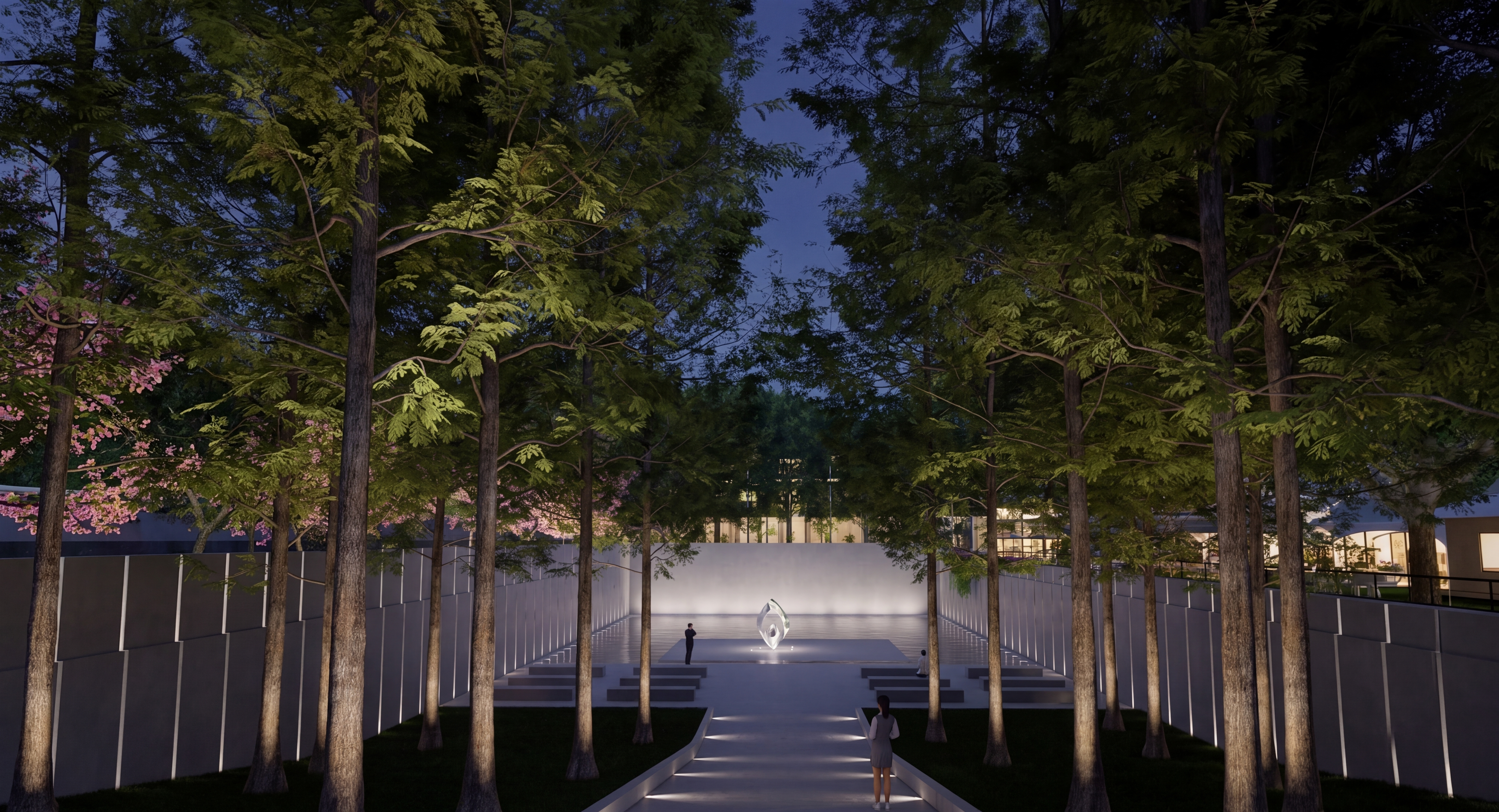 null — 你是景区公共建筑照明设计师。将白天的景观转换为灯光夜景（保持场景不变）： 
- 艺术雕塑：艺术雕塑采用地埋灯，采用4000K色温，均匀照亮雕塑。
- 建筑墙体：侧面墙体的纵向隔断缝隙，采用小功率窄光束地埋灯向上照亮缝隙，色温4000K。正面墙体地埋洗墙灯向上洗墙，均匀照亮墙体。
- 中间步道：路沿石侧面安装踢脚灯，色温4000K。
- 营造一直神圣静谧白色、简洁、典雅的氛围。
- 景观植物：2700K暖光上照树冠，营造自然光影效果，亮度低一些。
- 请取消右上角的白色图标，还原树叶植物效果。
- 严禁建筑和屋顶勾勒轮廓的灯光。