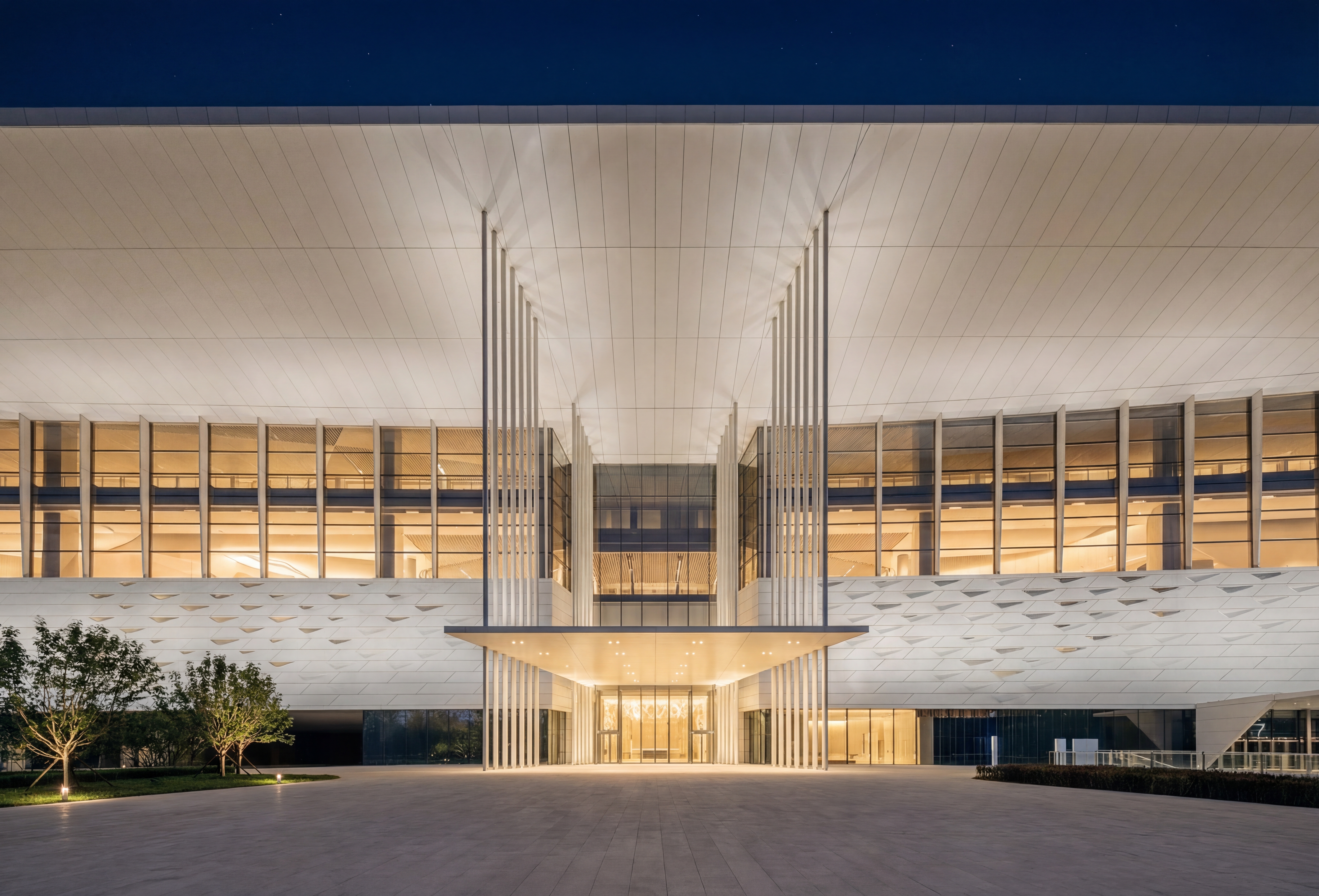 AI nightscape rendering of Architecture — Building facade night lighting